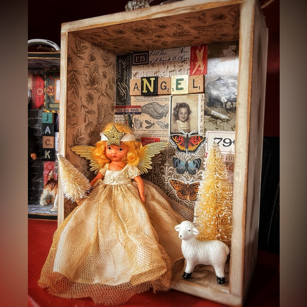 Handmade Diorama with vintage Doll and lamb